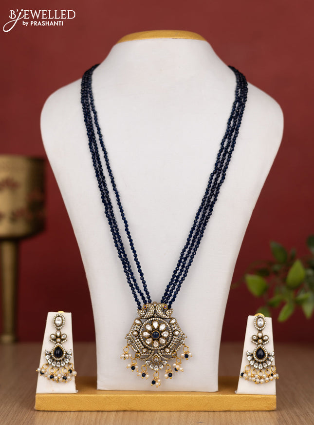 Beaded triple layer blue haram peacock design with sapphire & kundan cz stones and pearl & beads hanging in victorian finish