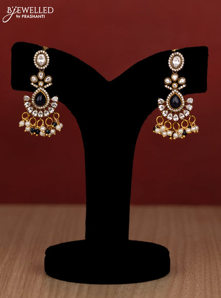 Beaded triple layer blue haram peacock design with sapphire & kundan cz stones and pearl & beads hanging in victorian finish