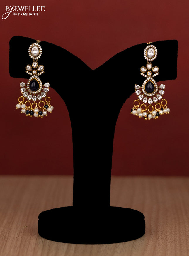 Beaded triple layer blue haram peacock design with sapphire & kundan cz stones and pearl & beads hanging in victorian finish