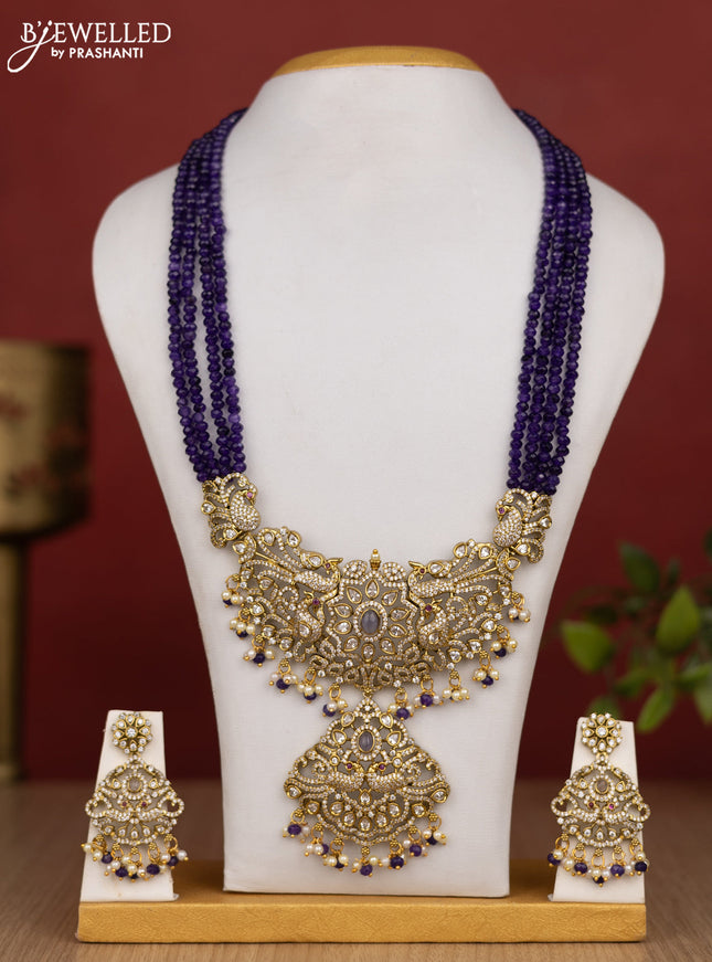 Beaded multilayer violet haram peacock design with cz stones and pearl & beads hanging