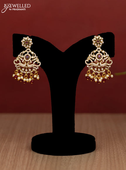 Beaded multilayer maroon haram peacock design with ruby & cz stones and pearl & beads hanging