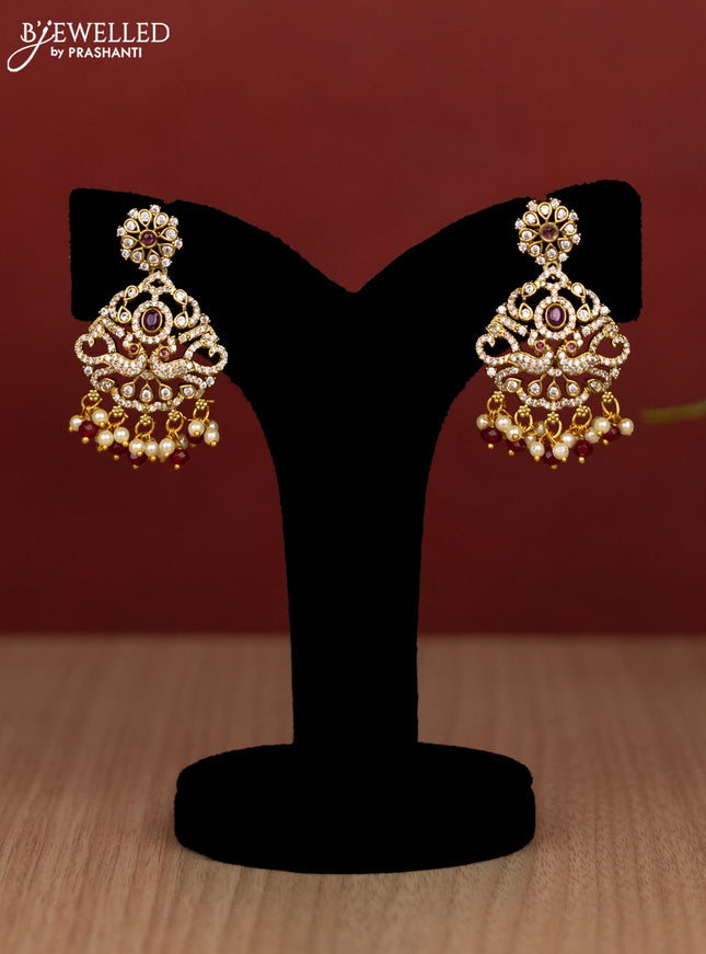 Beaded multilayer maroon haram peacock design with ruby & cz stones and pearl & beads hanging