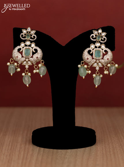 Beaded double layer mint green haram elephant design with kundan & cz stones and pearl & beads hanging in victorian finish