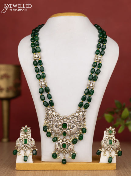 Beaded double layer green haram elephant design with kundan & cz stones and pearl & beads hanging in victorian finish