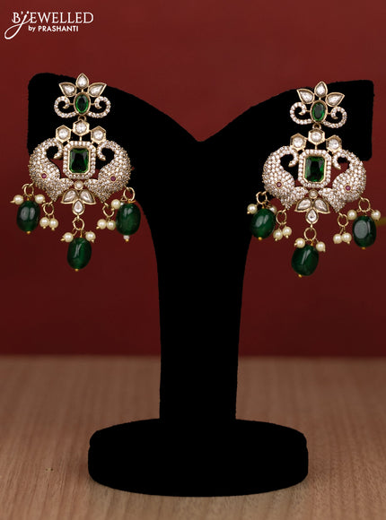 Beaded double layer green haram elephant design with kundan & cz stones and pearl & beads hanging in victorian finish