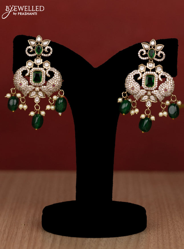 Beaded double layer green haram elephant design with kundan & cz stones and pearl & beads hanging in victorian finish