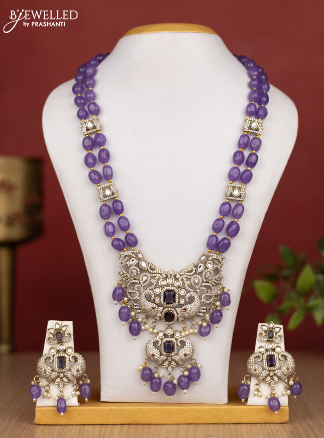 Beaded double layer violet haram elephant design with kundan & cz stones and pearl & beads hanging in victorian finish