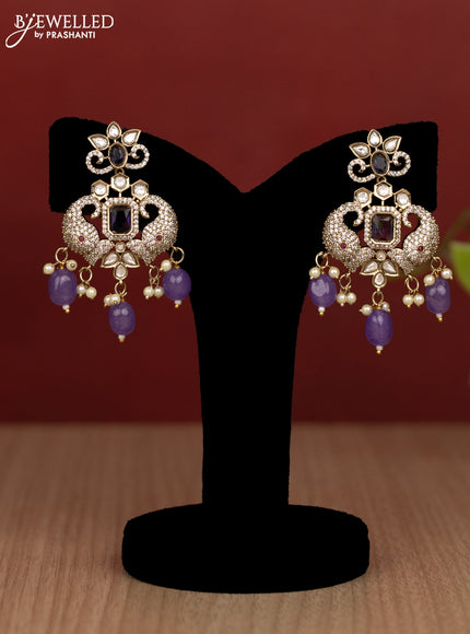 Beaded double layer violet haram elephant design with kundan & cz stones and pearl & beads hanging in victorian finish