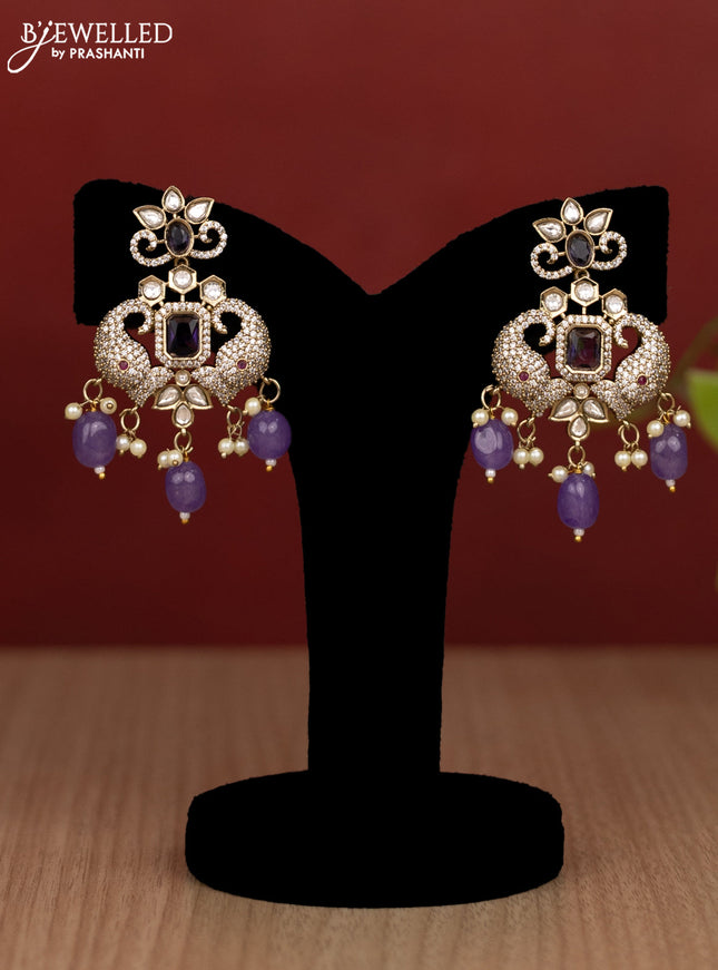 Beaded double layer violet haram elephant design with kundan & cz stones and pearl & beads hanging in victorian finish