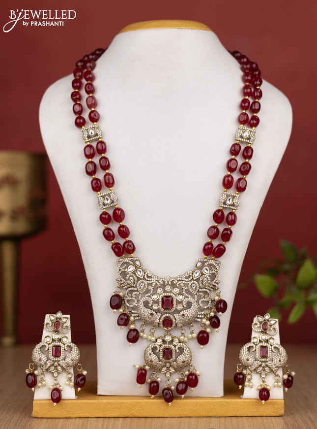 Beaded double layer maroon haram elephant design with kundan & cz stones and pearl & beads hanging in victorian finish