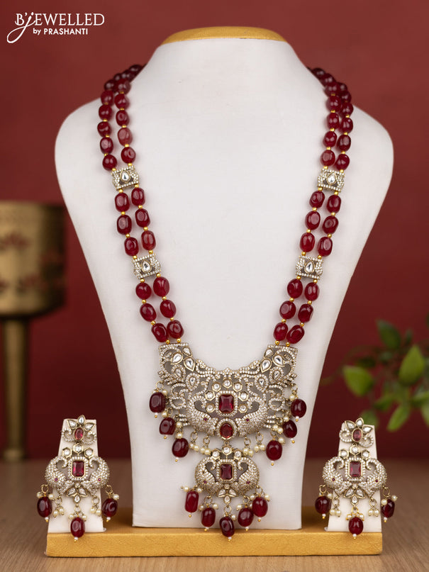 Beaded double layer maroon necklace elephant design with kundan & cz stones and pearl & beads hanging in victorian finish