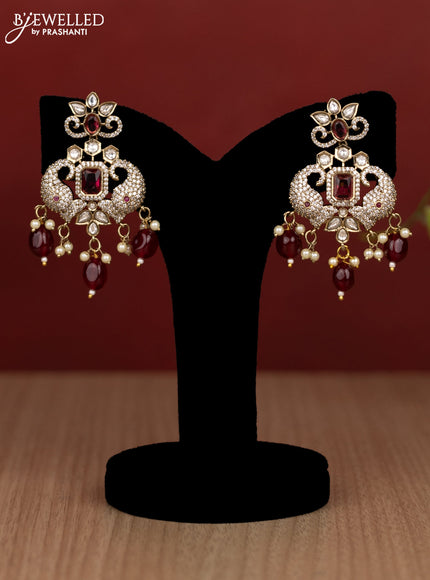 Beaded double layer maroon haram elephant design with kundan & cz stones and pearl & beads hanging in victorian finish