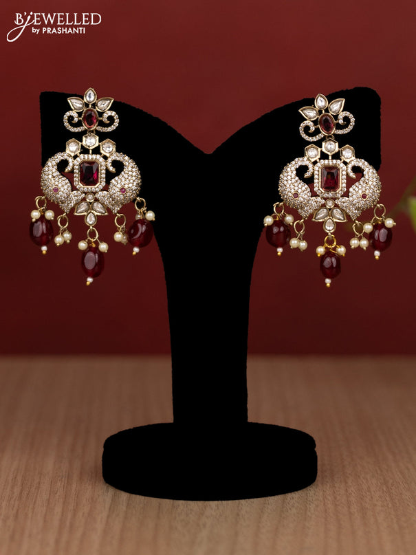 Beaded double layer maroon necklace elephant design with kundan & cz stones and pearl & beads hanging in victorian finish