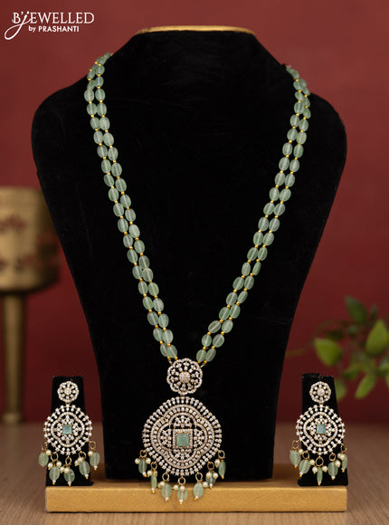 Beaded double layer mint green haram with cz stones and pearl & beads hanging in victorian finish