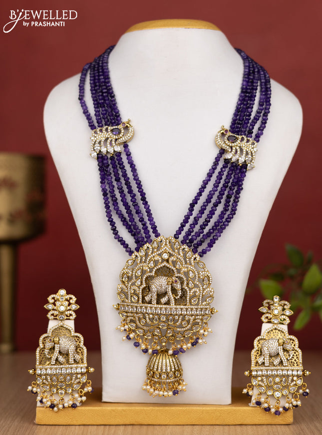 Beaded multilayer violet haram elephant pendant with cz stones and pearl & beads hanging in victorian finish