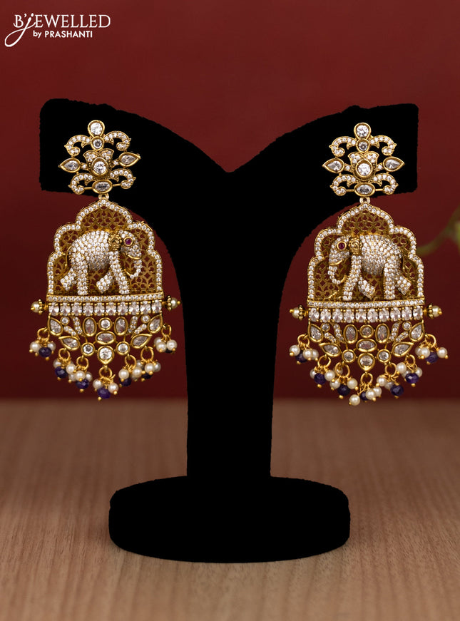 Beaded multilayer violet haram elephant pendant with cz stones and pearl & beads hanging in victorian finish