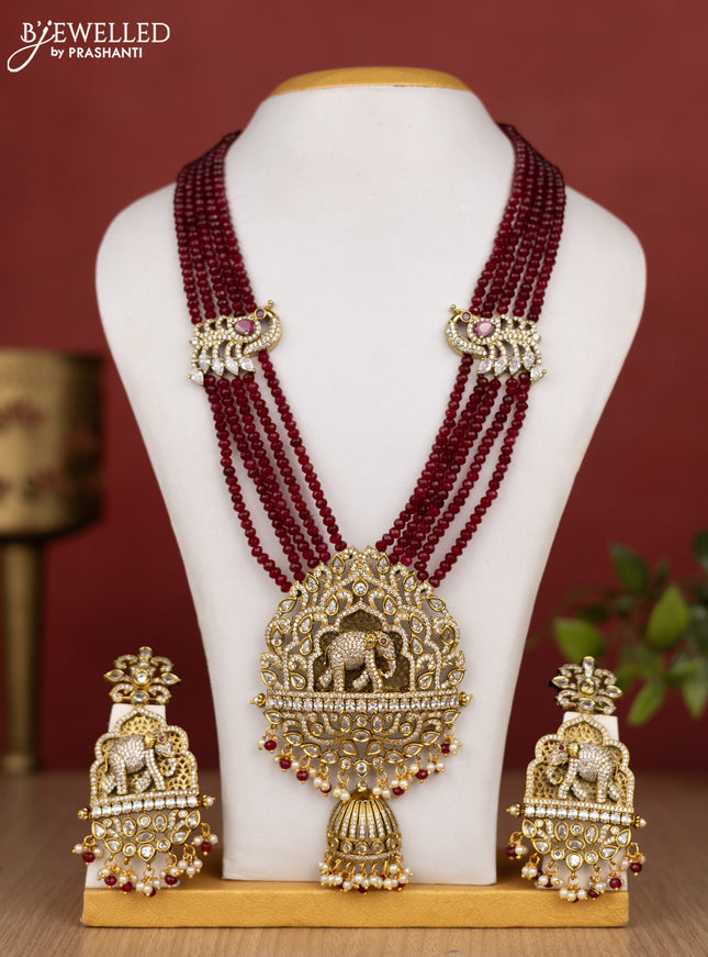 Beaded multilayer maroon haram elephant pendant with cz stones and pearl & beads hanging in victorian finish