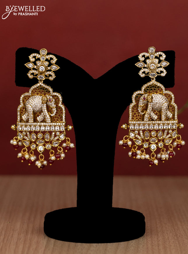 Beaded multilayer maroon haram elephant pendant with cz stones and pearl & beads hanging in victorian finish