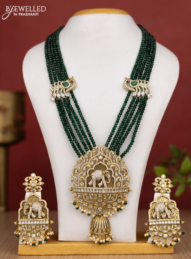 Beaded multilayer green haram elephant pendant with cz stones and pearl & beads hanging in victorian finish