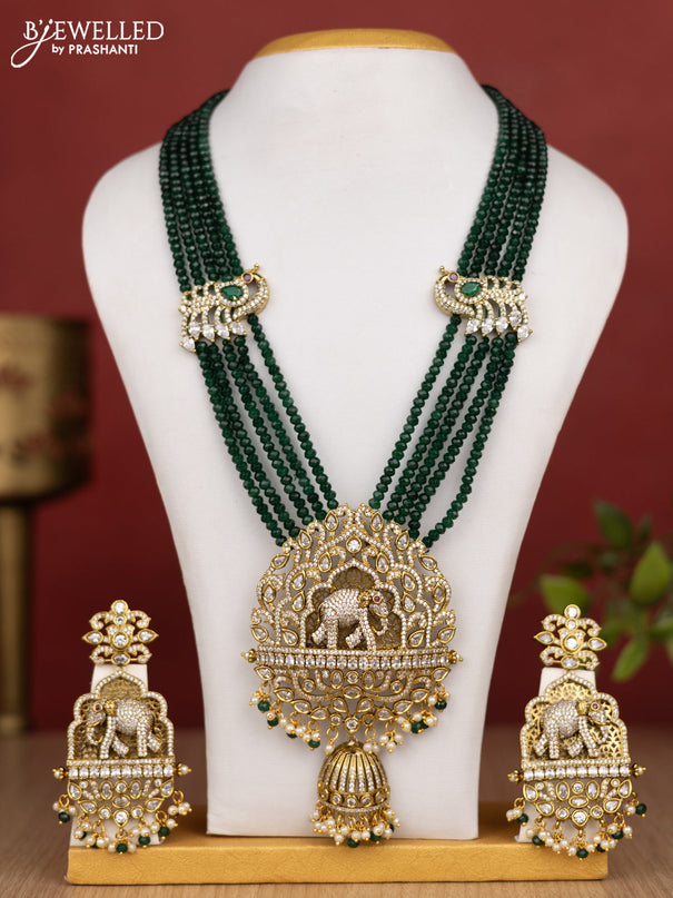 Beaded multilayer green necklace elephant pendant with cz stones and pearl & beads hanging in victorian finish