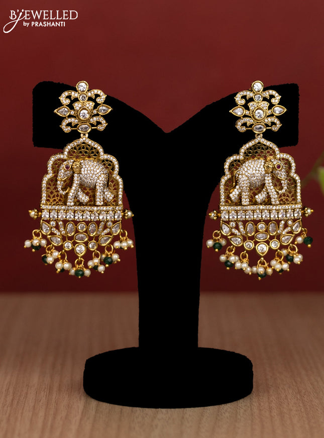 Beaded multilayer green haram elephant pendant with cz stones and pearl & beads hanging in victorian finish