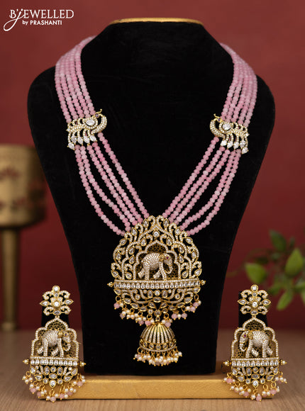 Beaded multilayer baby pink haram elephant pendant with cz stones and pearl & beads hanging in victorian finish