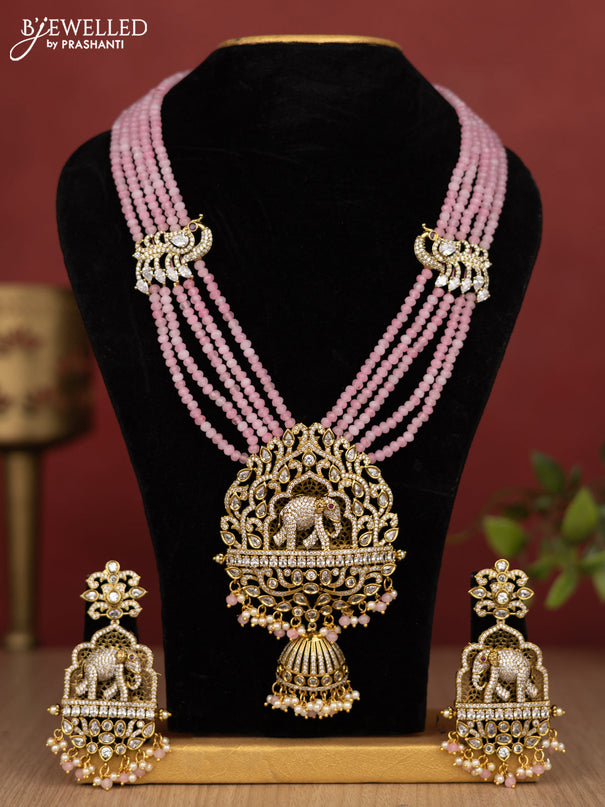 Beaded multilayer baby pink necklace elephant pendant with cz stones and pearl & beads hanging in victorian finish