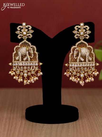 Beaded multilayer baby pink haram elephant pendant with cz stones and pearl & beads hanging in victorian finish