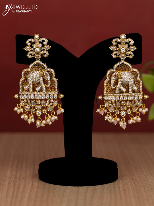Beaded multilayer baby pink necklace elephant pendant with cz stones and pearl & beads hanging in victorian finish