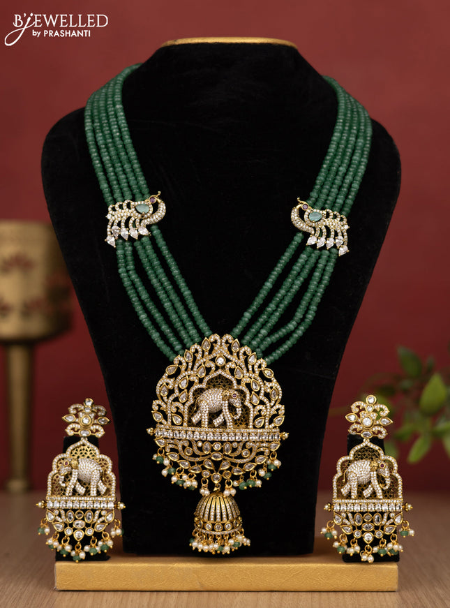 Beaded multilayer mint green haram elephant pendant with cz stones and pearl & beads hanging in victorian finish