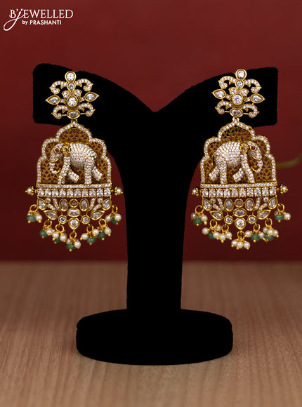 Beaded multilayer mint green haram elephant pendant with cz stones and pearl & beads hanging in victorian finish