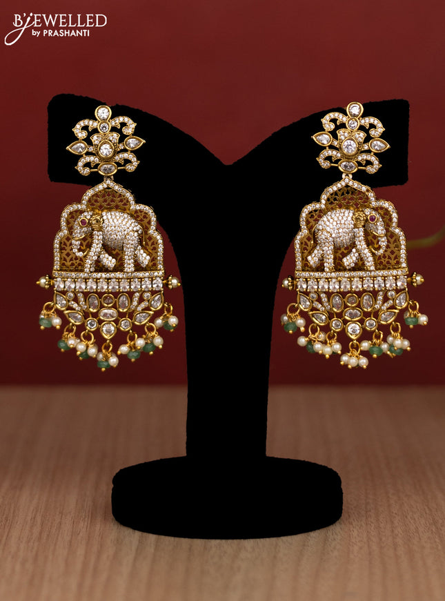 Beaded multilayer mint green haram elephant pendant with cz stones and pearl & beads hanging in victorian finish