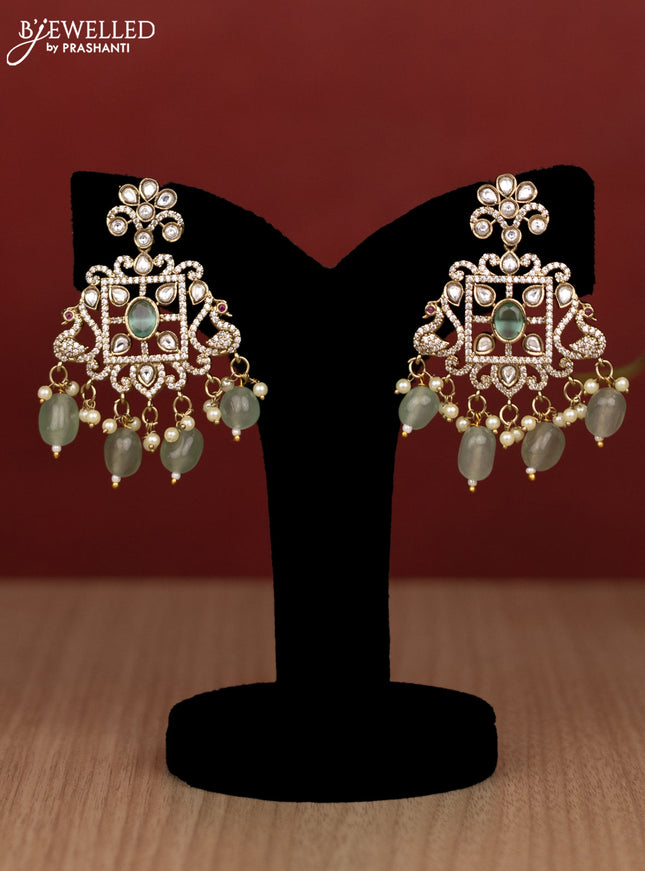 Beaded double layer mint green haram peacock design with kundan & cz stones and pearl & beads hanging in victorian finish