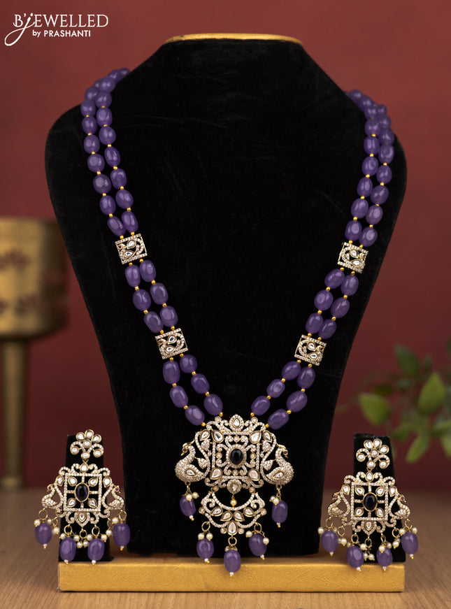 Beaded double layer violet haram peacock design with kundan & cz stones and pearl & beads hanging in victorian finish