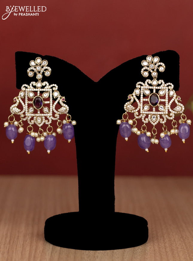 Beaded double layer violet haram peacock design with kundan & cz stones and pearl & beads hanging in victorian finish