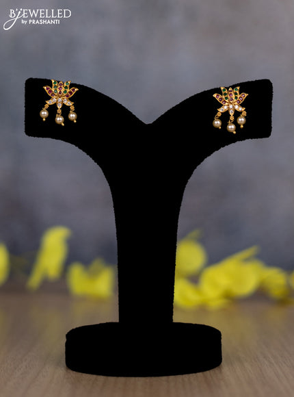 Pearl triple layer haram with lotus side pendant and kemp & cz stones