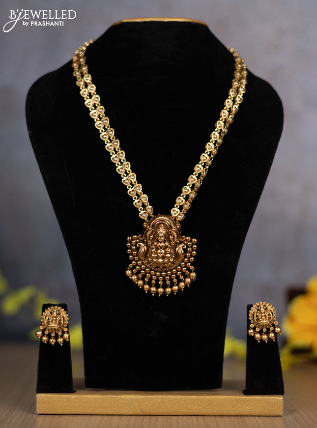 Pearl double layer haram with lakshmi pendant and golden beads hanging