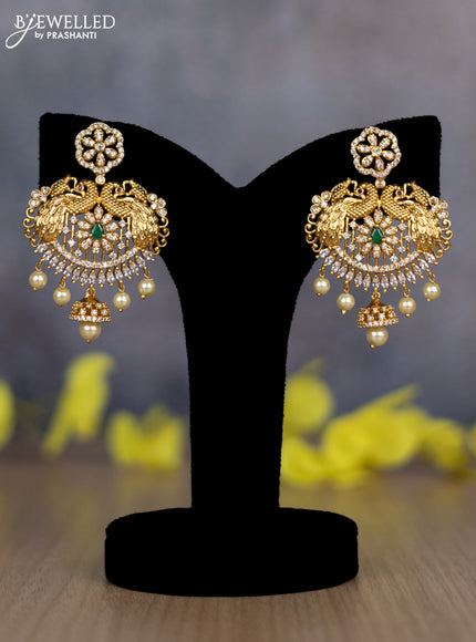 Pearl double layer haram peacock design with emerald & stones and pearl hangings