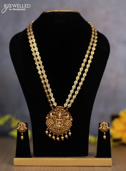 Pearl double layer haram lakshmi pendant with kemp stones and golden beads hanging