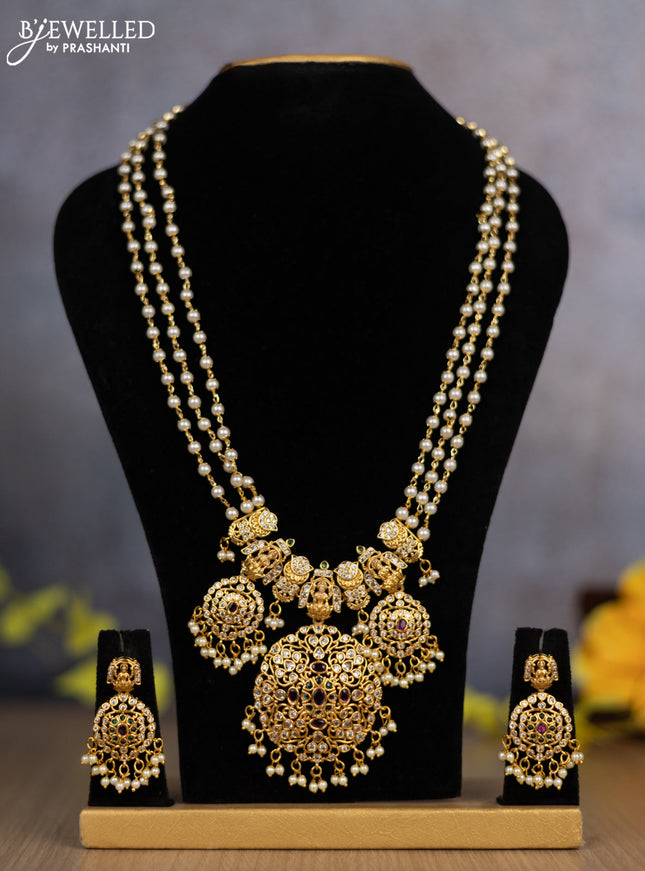 Pearl triple layer haram lakshmi design with kemp & cz stones and pearl hanging