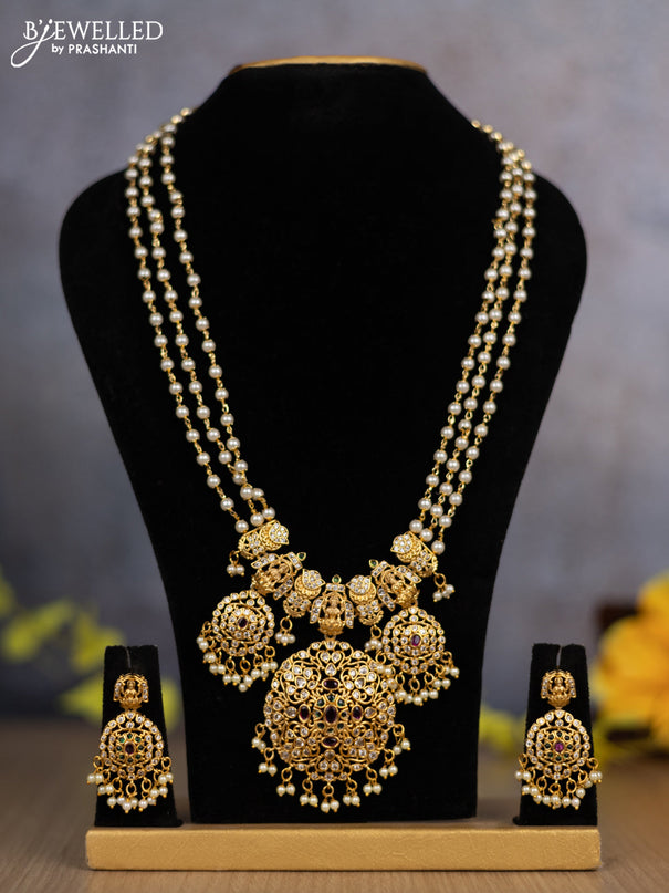 Pearl triple layer haram lakshmi design with kemp & cz stones and pearl hanging