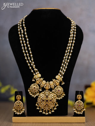 Pearl triple layer haram lakshmi design with kemp & cz stones and pearl hanging