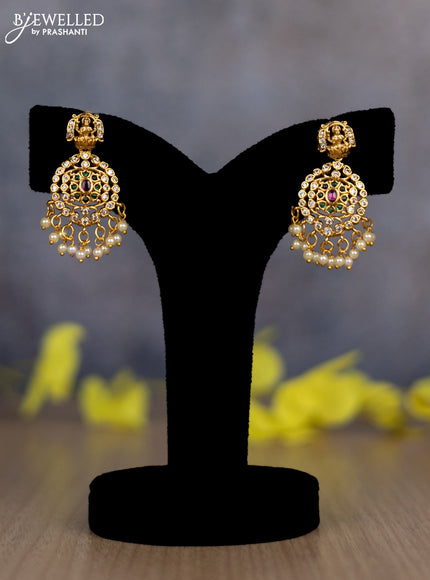 Pearl triple layer haram lakshmi design with kemp & cz stones and pearl hanging