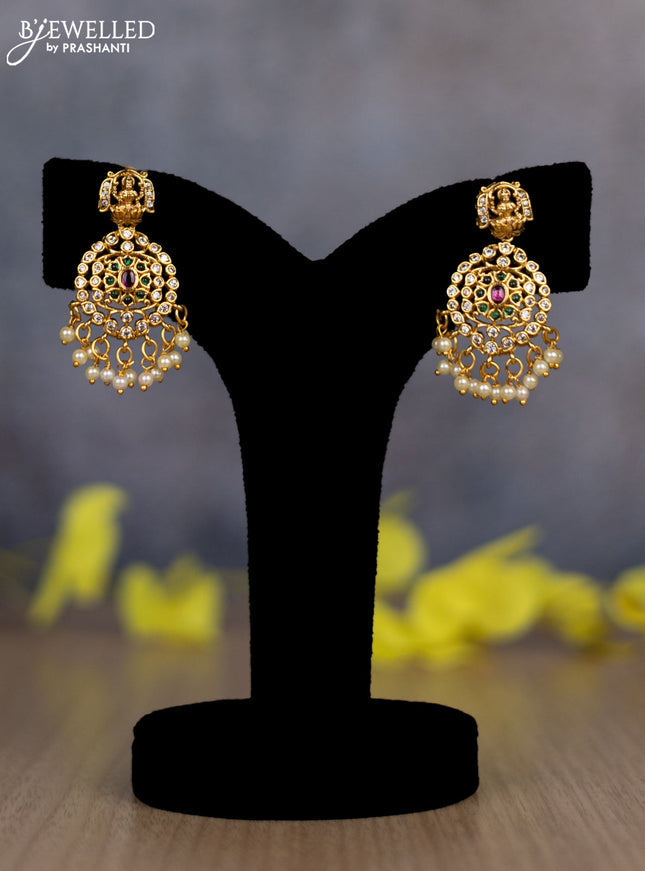 Pearl triple layer haram lakshmi design with kemp & cz stones and pearl hanging