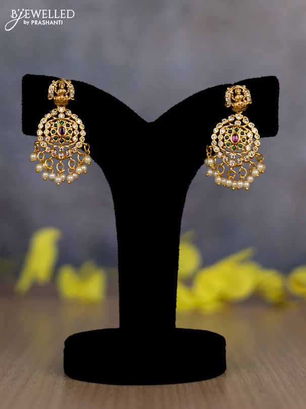 Pearl triple layer haram lakshmi design with kemp & cz stones and pearl hanging