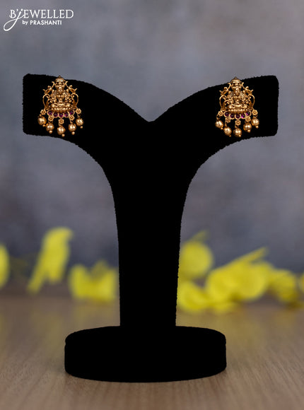 Pearl double layer haram lakshmi pendant with ruby stones and golden beads hanging