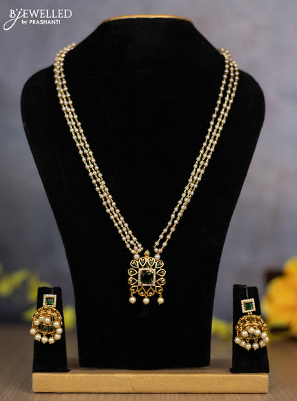 Pearl triple layer necklace with emerald & cz stones and pearl hangings