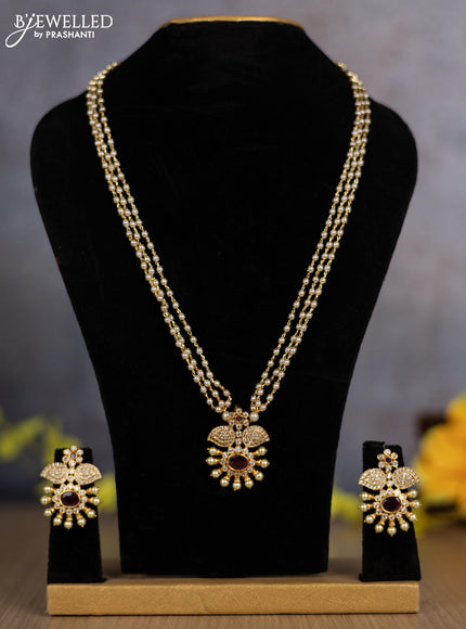 Pearl triple layer necklace with ruby & cz stones and pearl hangings