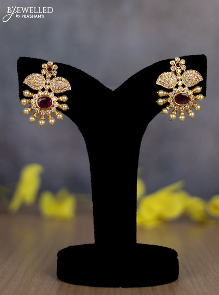 Pearl triple layer necklace with ruby & cz stones and pearl hangings