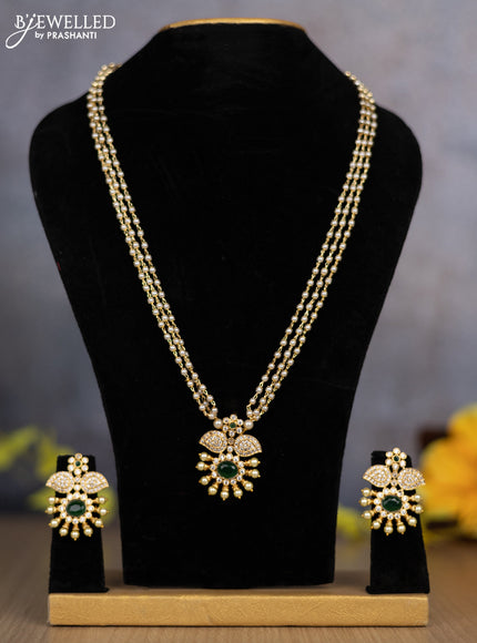 Pearl triple layer necklace with emerald & cz stones and pearl hangings